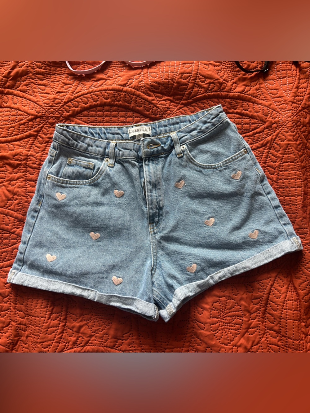 Light Wash Denim Shorts with Pink Heart Embroidery